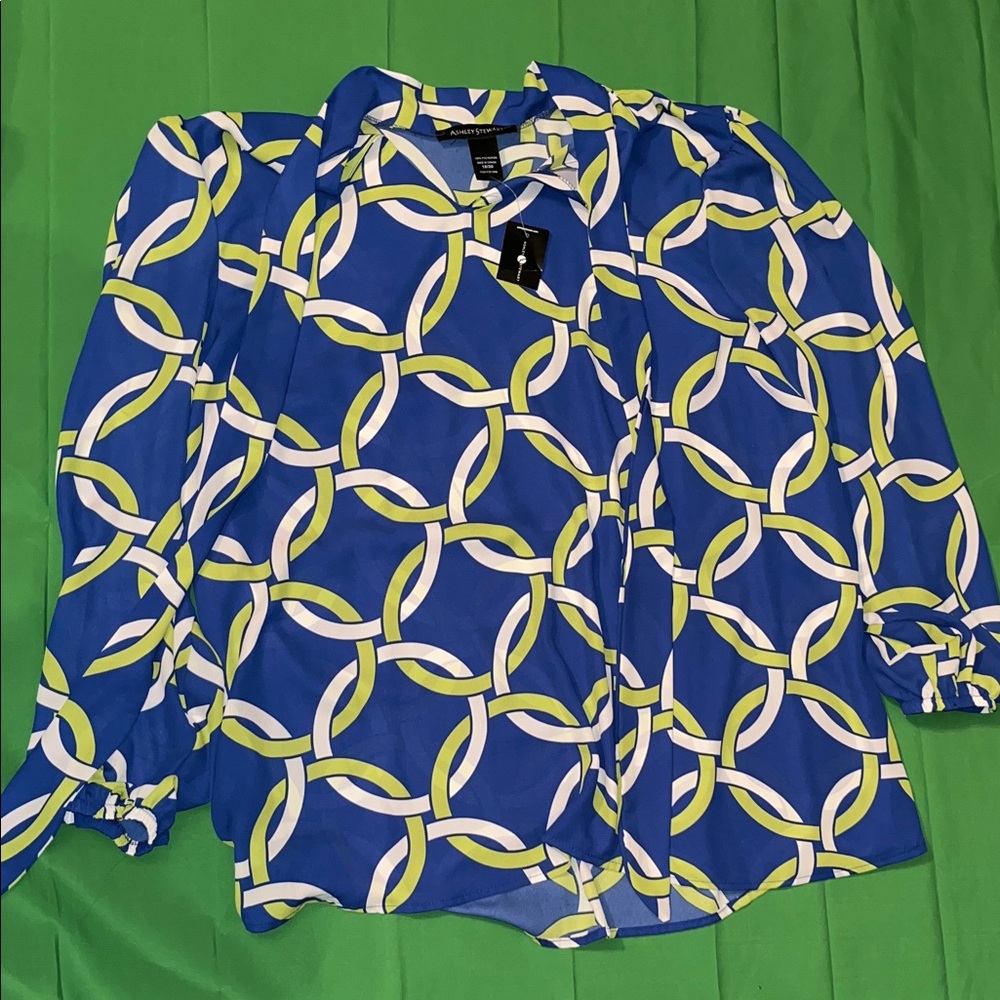 Ashley Stewart Blue and Green Geometric Blouse